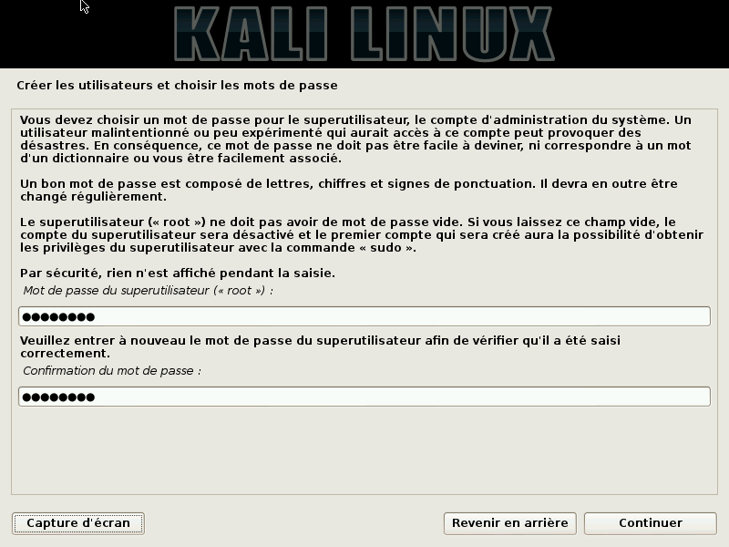 choix d’un mot de passe lors de l’installation de kali linux