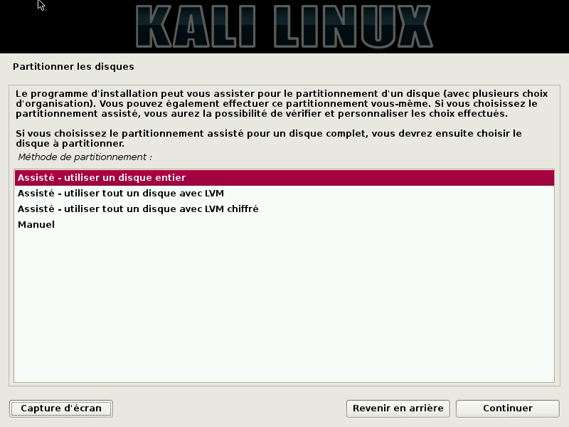 partitionner le disque pour installer kali linux 1