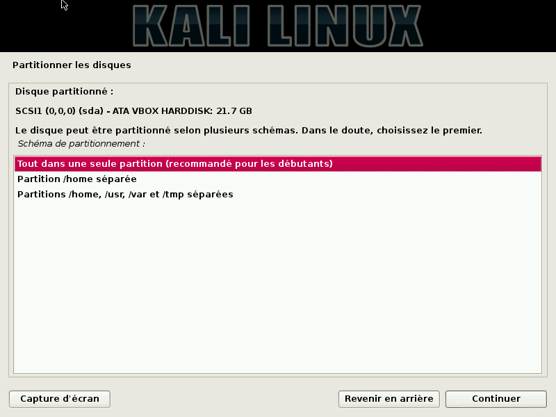 partitionner le disque pour installer kali linux 3