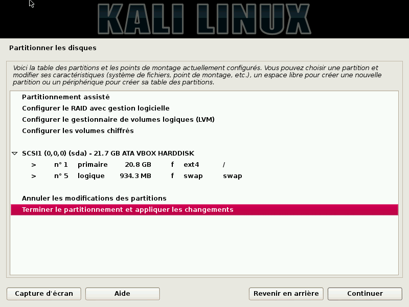 partitionner le disque pour installer kali linux 4