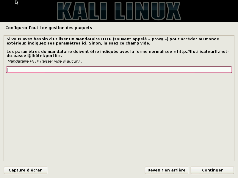choix du proxy lors de l’installation de kali linux